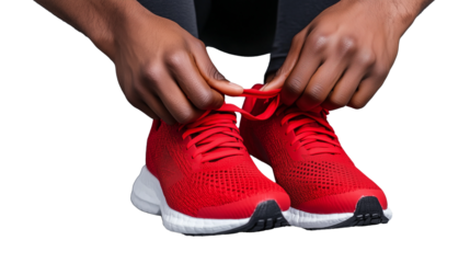 Red Athletic Shoes Being Tied with Hands on Transparent Background