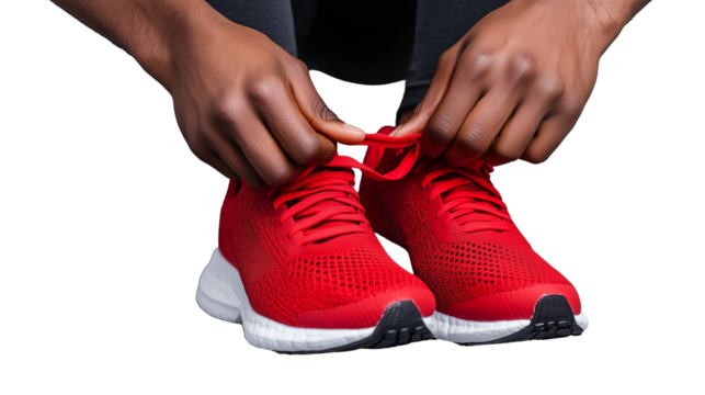 Red Athletic Shoes Being Tied with Hands on Transparent Background