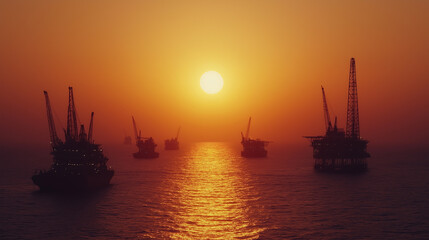 Obraz premium Energy dominance oil global concept. A stunning image of oil rigs situated in a vast ocean during sunset, showcasing the interplay of industry and nature's beauty.