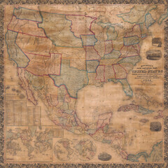 Obraz premium Historical map of the United States and surrounding regions, showcasing intricate borders and details.