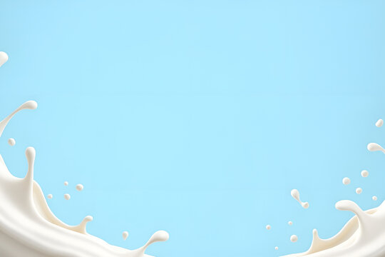 Milk splash seamless pattern isolated on blue background. 3d realistic yogurt wave border. Vector milky package design