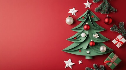 Elegant Paper Christmas Tree Festive Decoration Red Background Holiday Season Winter Wonderland Festive Cheer Merry Xmas Greetings