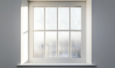 Obraz premium Sunlit frosted window, white frame, indoor view.