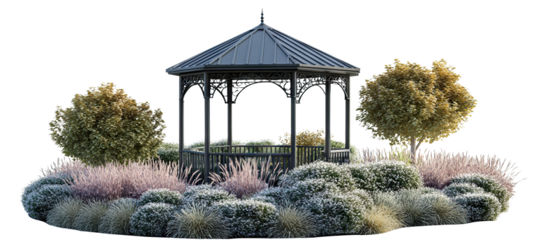 Beautiful park gazebo with greenery, isolated on transparent cutout background