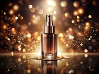 Long Exposure Effect Highlighting a 3D Cosmetic Serum for Firming Skin, Focusing on Dark Skin Tones with Modern Moisturizers for Freckles and Age Spots Treatment