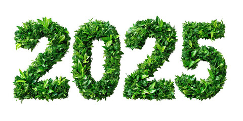 typography of number "2025" for new year, made of bush plants leaves, earth day. eco theme poster decoration, cutout PNG