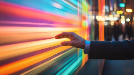 Hand Touching Vibrant Neon Light Display at Night