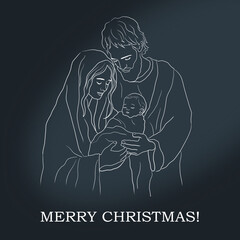 Freehand Christmas line art scene is an artistic depiction of the Nativity of Christ, including Mary, Joseph and the baby Jesus, highlighted on a white background. Hand drawn of linear style.