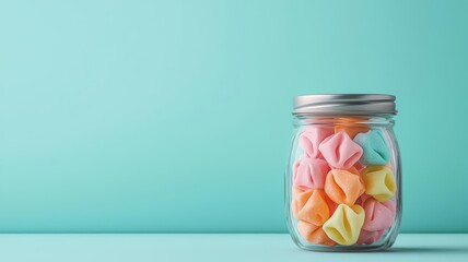 A macro shot of sticky, colorful taffy strands oozing slightly as they stick together in a candy jar, 3D render