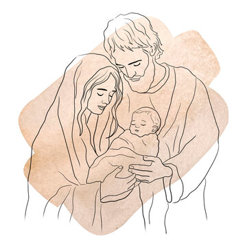 holy family line art with watercolor clip art preview
