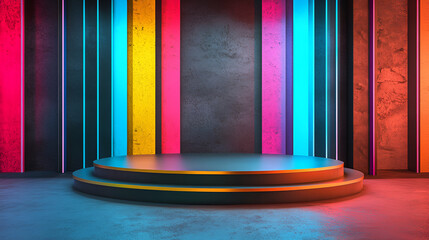 3d render, abstract background, round podium with colorful neon light, abstract backgound video game of scifi gaming cyberpunk, vr virtual reality simulation and metaverse, scene stand pedestal stage
