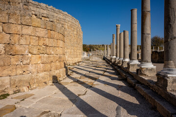 Rows of columns in Perge, Antalya, Turkey. Remains of colonnaded street in Pamphylian ancient city.Rows of columns in Perge, Antalya, Turkey. Ancient Kestros Fountain. Aksu, Antalya