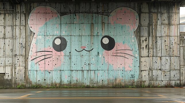 Monochromatic kawaii brutalism showcases a cute mouse mural on an urban concrete wall