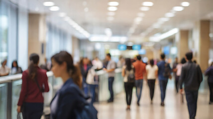 Wide-angle view of bustling airport terminal with people walking in the airport captured with motion blur shot, motion-blurred image capturing an airport environment, fast-paced travel environment