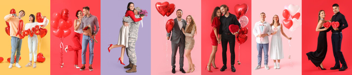 Set of happy young couples on color background. Valentine's Day celebration