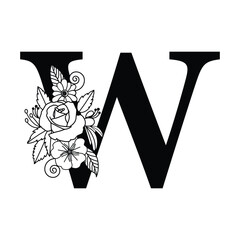 Black and White Alphabet W Monogram, Typography Family Name Sign, Floral Logo Illustration