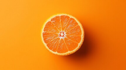 Freshly cut orange slice on a vibrant orange background for minimalist mockup design