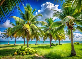 Lush Coconut Palms Showcasing Green Coconut Fruits Under a Clear Blue Sky with a Beautifully Balanced Rule of Thirds Composition