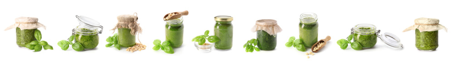 Set of fresh pesto sauce on white background