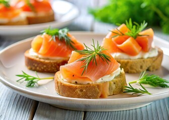 Delicious Smoked Salmon Canape on White Plate - Elegant Norwegian Appetizer for Breakfast, Perfectly Styled with Fresh Dill and Bread Slice in Natural Light