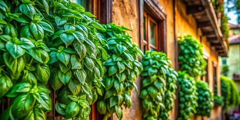 Obraz premium Lush Vertical Wall of Fresh Basil at a Ligurian Restaurant in Italy Showcasing Nature's Beauty and Vibrant Greenery for Stunning Landscape Photography