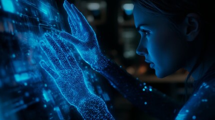 Woman Interacting with Futuristic Holographic Interface