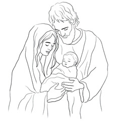 Vector freehand Christmas line art scene is an artistic depiction of the Nativity of Christ, including Mary, Joseph and the baby Jesus, highlighted on a white background. Hand drawn of linear style