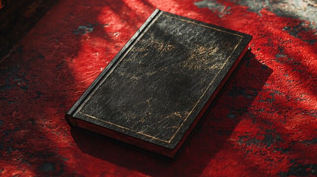 Cinematic mock-up of an antique book cover on a red textured surface