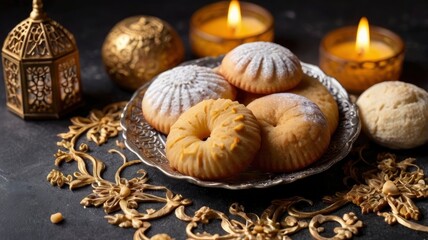 Assorted semolina maamoul or mamoul cookies , awameh or lokma with dallah and ramadan decor crescent moon. Traditional arabic Eid al Adha, Eid al Fitr , Ramadan sweets