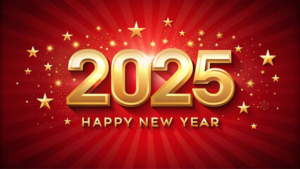  Gold 2025 Happy New Year greeting on red background with stars.