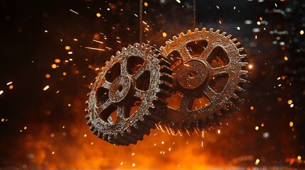 Textured industrial gears suspended in a fiery environment showcasing manufacturing elements