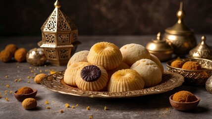 Assorted semolina maamoul or mamoul cookies , awameh or lokma with dallah and ramadan decor crescent moon. Traditional arabic Eid al Adha, Eid al Fitr , Ramadan sweets