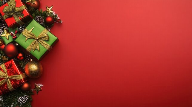 Merry Christmas Festive Background with Presents and Ornaments on Red