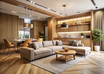 Luxury Hotel Living Room with Wooden Kitchen in Modern Beige Decor, Spacious Open Layout, and Empty Wall Mockup for Elegant Interior Design Illustrations
