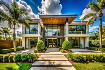 Naklejka premium Luxury Modern Entrance Architecture of a House in Florida City Island Featuring Expansive Glass Windows, Lush Garden Landscaping, and a Bright Sunny Day Atmosphere for Travel Enthusiasts