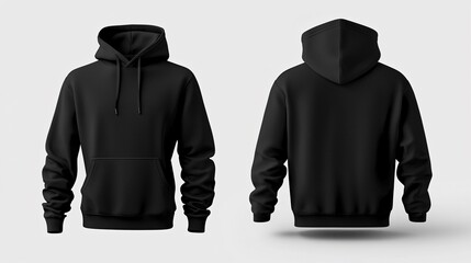 Mock-up of black hoodie featuring front and back views for apparel design