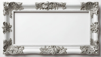 Obraz premium Top view Empty white silver ornate picture frame with white background antique
