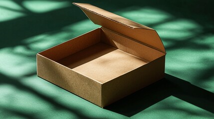 Cardboard packaging mock-up with open flap showcasing interior space and design options