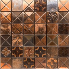 Metallic tile mosaic, geometric and floral patterns.