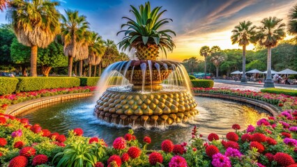Obraz premium Macro Photography of the Ananas Fountain in a Park at the Charleston Harbor, South Carolina, Showcasing Intricate Details and Vibrant Surroundings in a Lush Green Setting