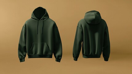 Forest green hoodie mockup showcasing front and back views in a minimalist setting