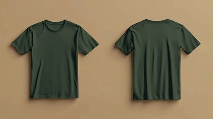 Front and back views of a forest green T-shirt mockup isolated on a beige background