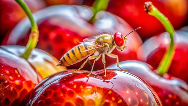 Macro View of European Cherry Fruit Fly Larva within Cherry Fruit, Showcasing Tilt-Shift Photography Techniques for Unique Perspectives and Detailed Natural Insights