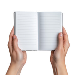 Obraz premium Open notebook held by hands with transparent background for creative design