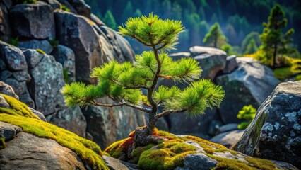Fototapeta premium Small Pine Tree Growing on Rocky Surface with Moss in Moody Natural Setting