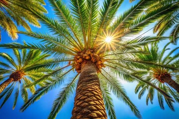 Majestic Date Palm Tree Under a Bright Sun: A Stunning View from Below Capturing the Natural Beauty and Glare of the Sunlight Filtering Through the Palm Fronds