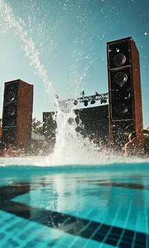A lively pool party scene with people enjoying music and splashes of water under a sunny sky.