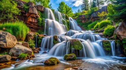 Obraz premium Stunning Macro Photography of a Waterfall in Colorado Springs Capturing Nature's Beauty with Close-Up Shot of Water Droplets, Rocks, and Lush Foliage in Vibrant Colors and Textures