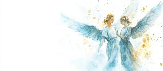 Watercolor illustration of angels and an angel blowing a trumpet, Easter theme, Christ is Risen on a white background, with copy space for design.