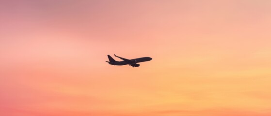 Fototapeta premium Airplane flying against vibrant sunset sky with colorful hues creating a stunning backdrop of travel and exploration